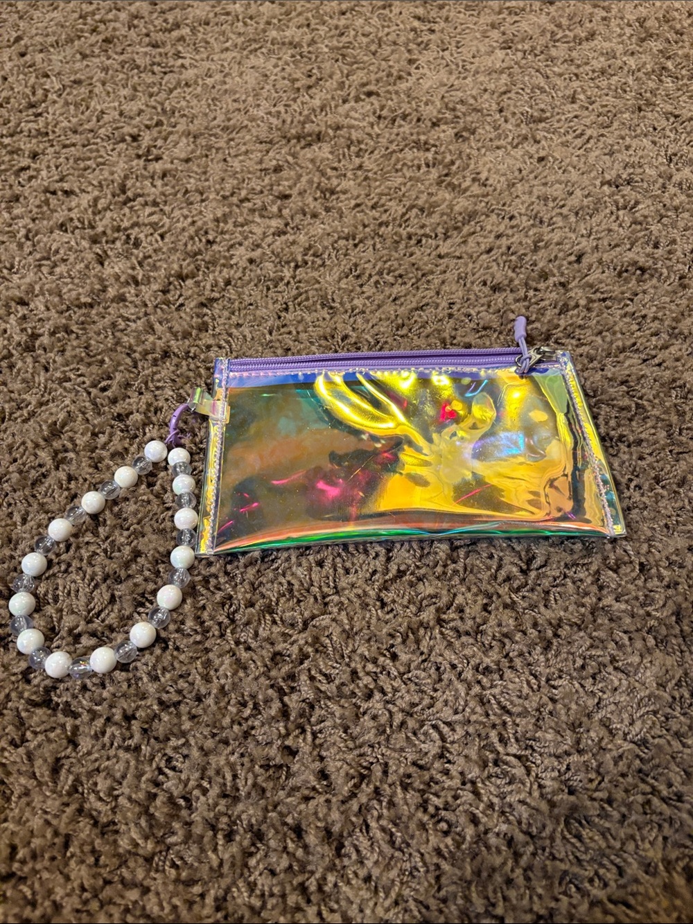 Holographic Iridescent Wristlet Clutch with Purple Zip and Beaded Strap